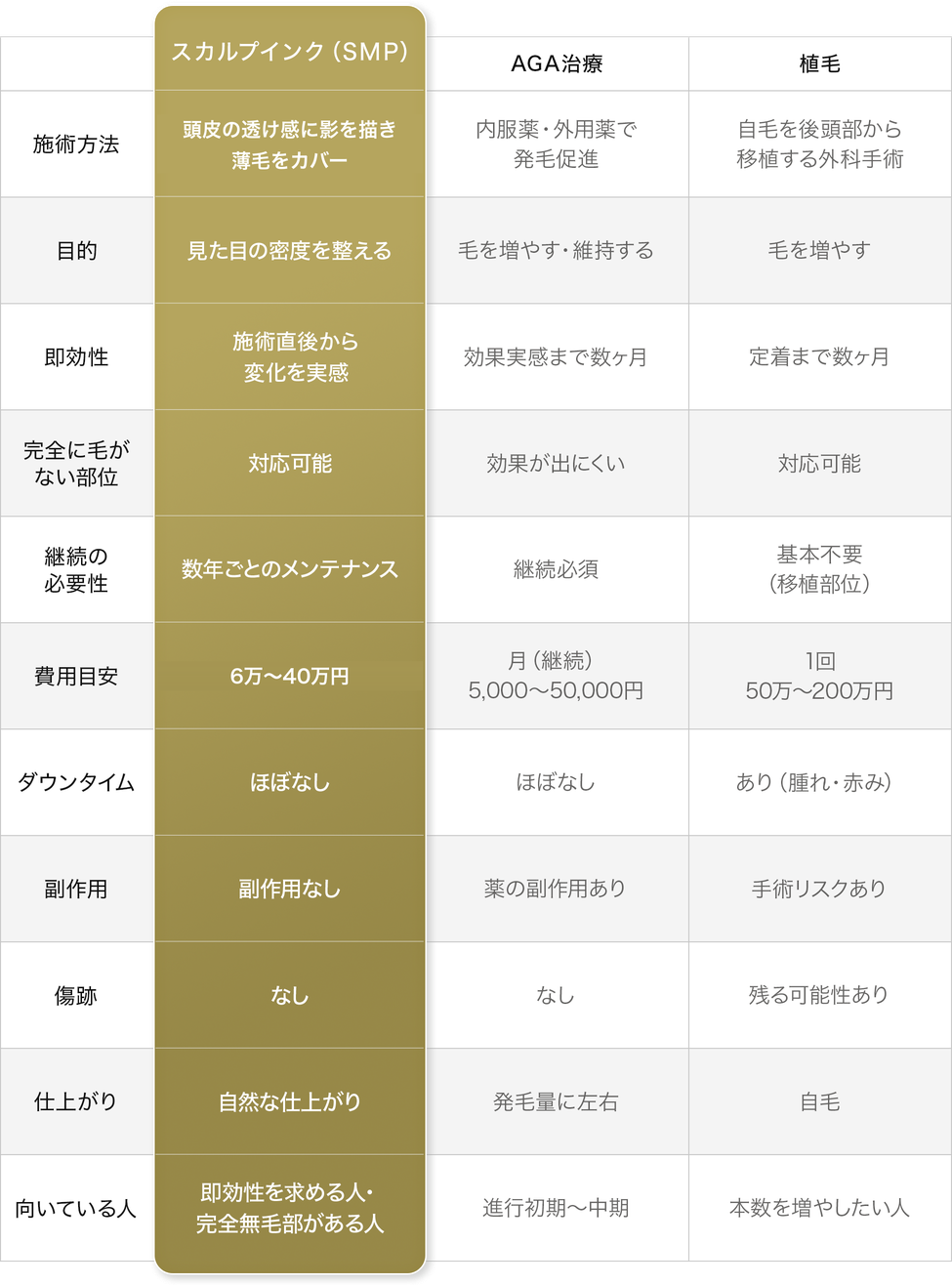 AGA治療・植毛との比較表